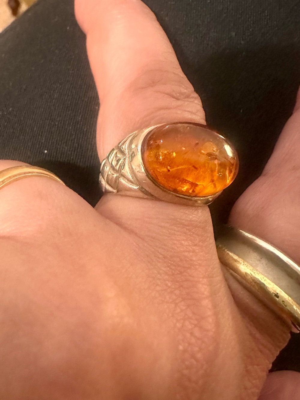 Sterling Silver Amber Cabochon Ring - Orange Gemstone